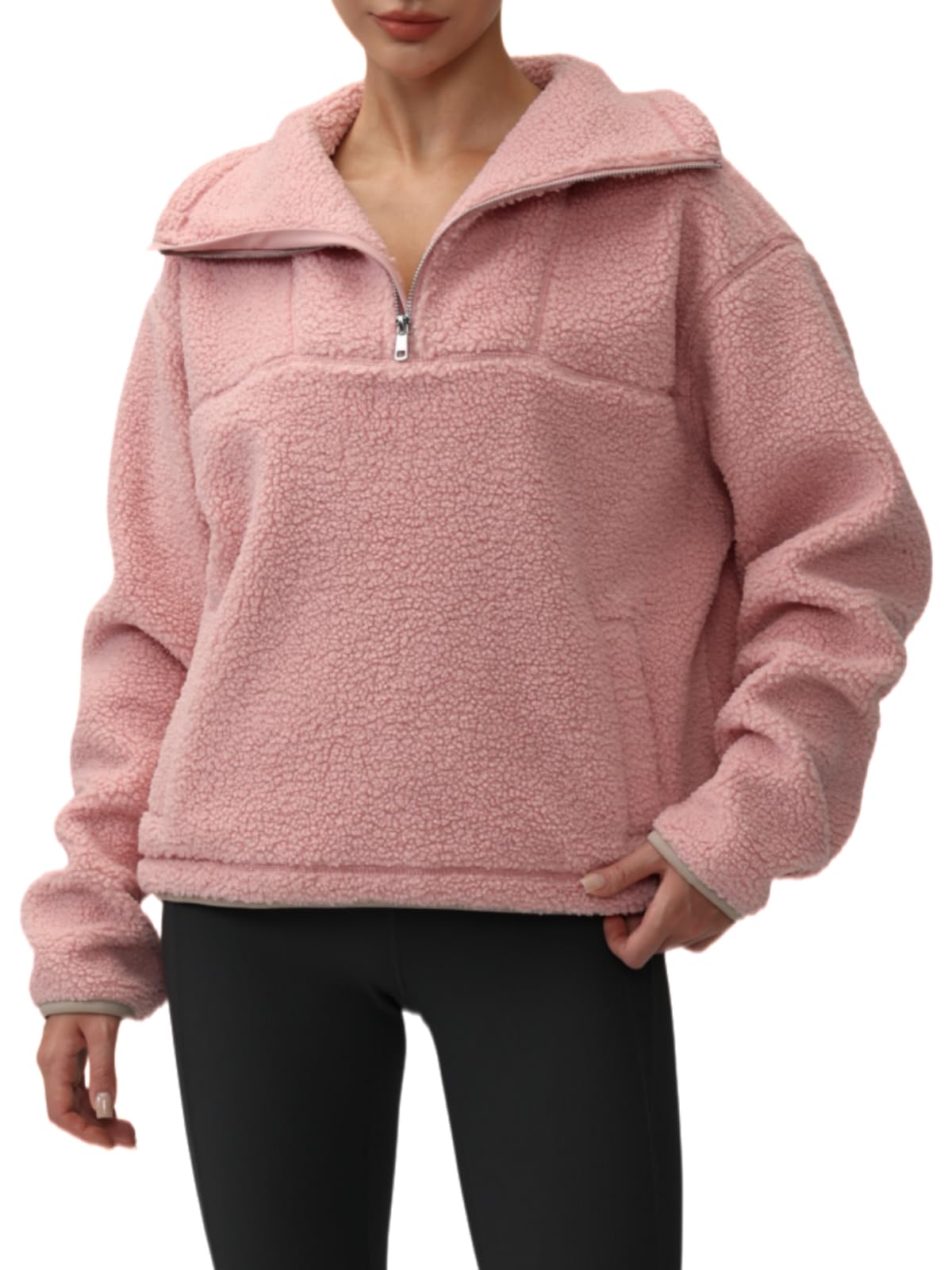 AARYA Women's Sherpa Fleece Quarter Zip Pullover Oversized Sweatshirt | Shed-Resistant, Drop-Shoulder, Pockets, 1/4 Metal Zipper, Stand Collar, Drawstring Cinch Hem, Fall Winter Warm Layering Top