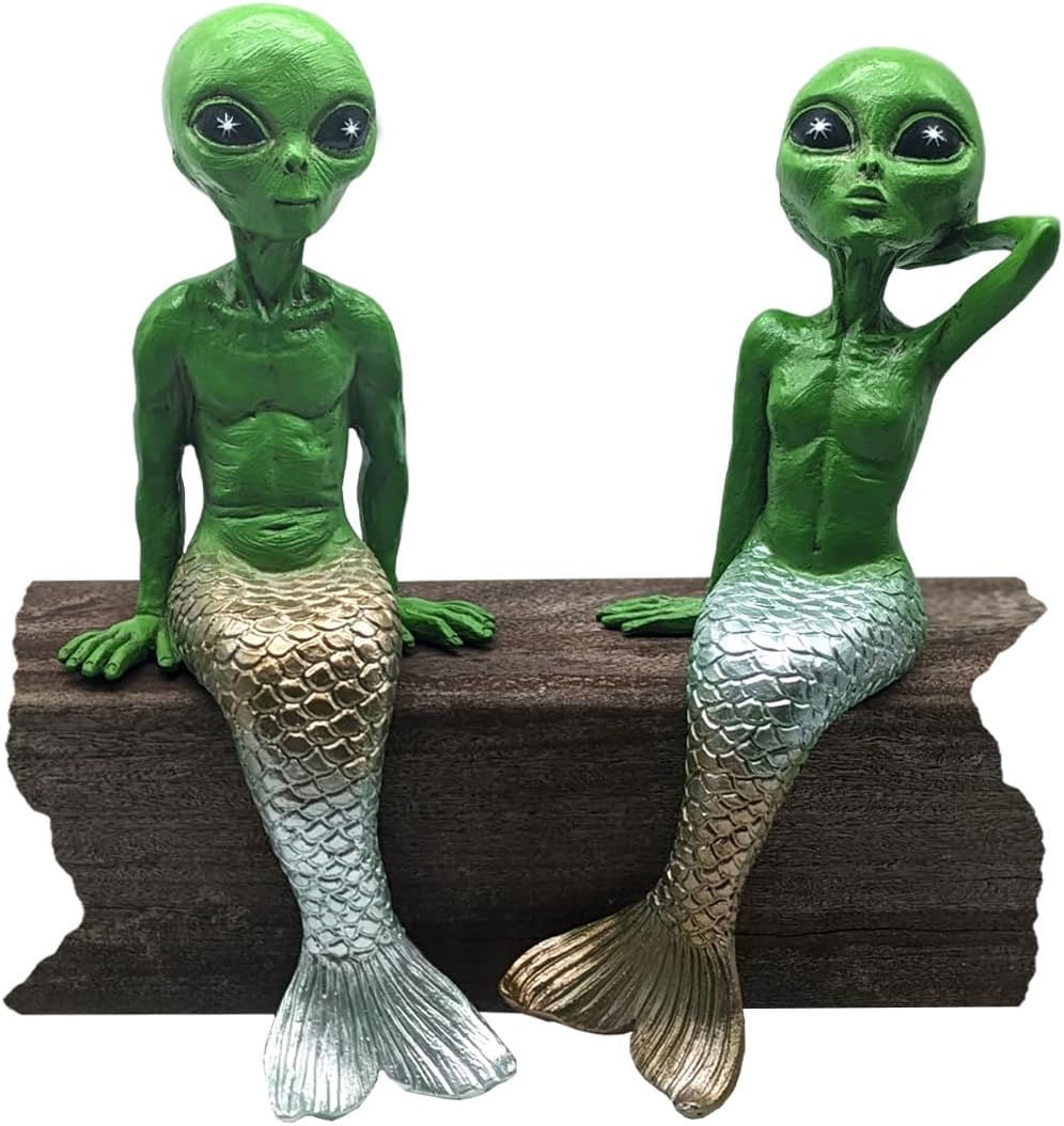 John Bernard & Company Alien Invasion “MermAlien” Couple 10“ Tall Mermaid and Merman Alien Statue Shelf Sitters Indoor/Outdoor Home Patio or Garden Decoration – Set of 2 (Cosmic Green)
