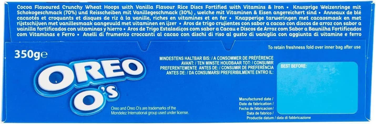 Italian Gourmet E.R. Lot de 4 céréales Oreo O's Céréales au goût de cacao et de vanille enrichies en vitamines et en fer 350 g de céréales comme petit déjeuner ou collation entre les deux