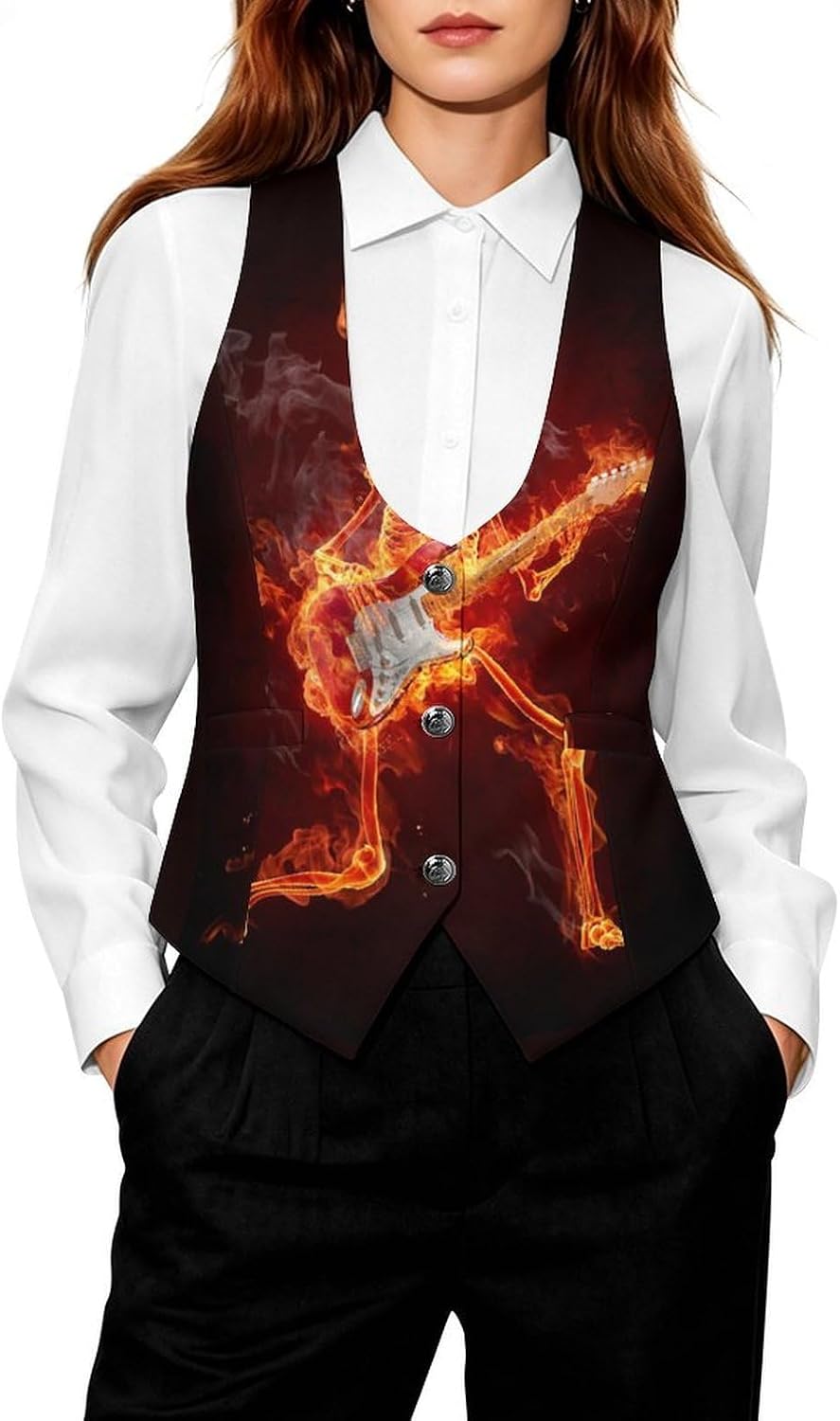 Guitarist - Series of Fiery Women's Suit Vest V Neck Button Down Waistcoat Jacket Business Casual Tops