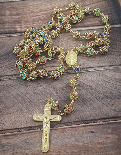 Nazareth Store Gold Plated Rosary Necklace with Colorful Crystallized Beads Miraculous Medal Cross Crucifix4
