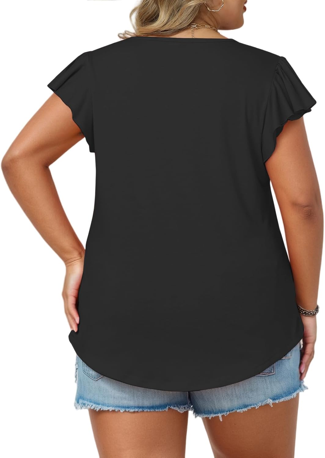 VOGRACE Womens-Plus-Size-Summer-Tops Casual V Neck T Shirts Trendy Ruffle Short Sleeve Tunics Loose Comfy Pleated Tees XL-5XL - Image 4