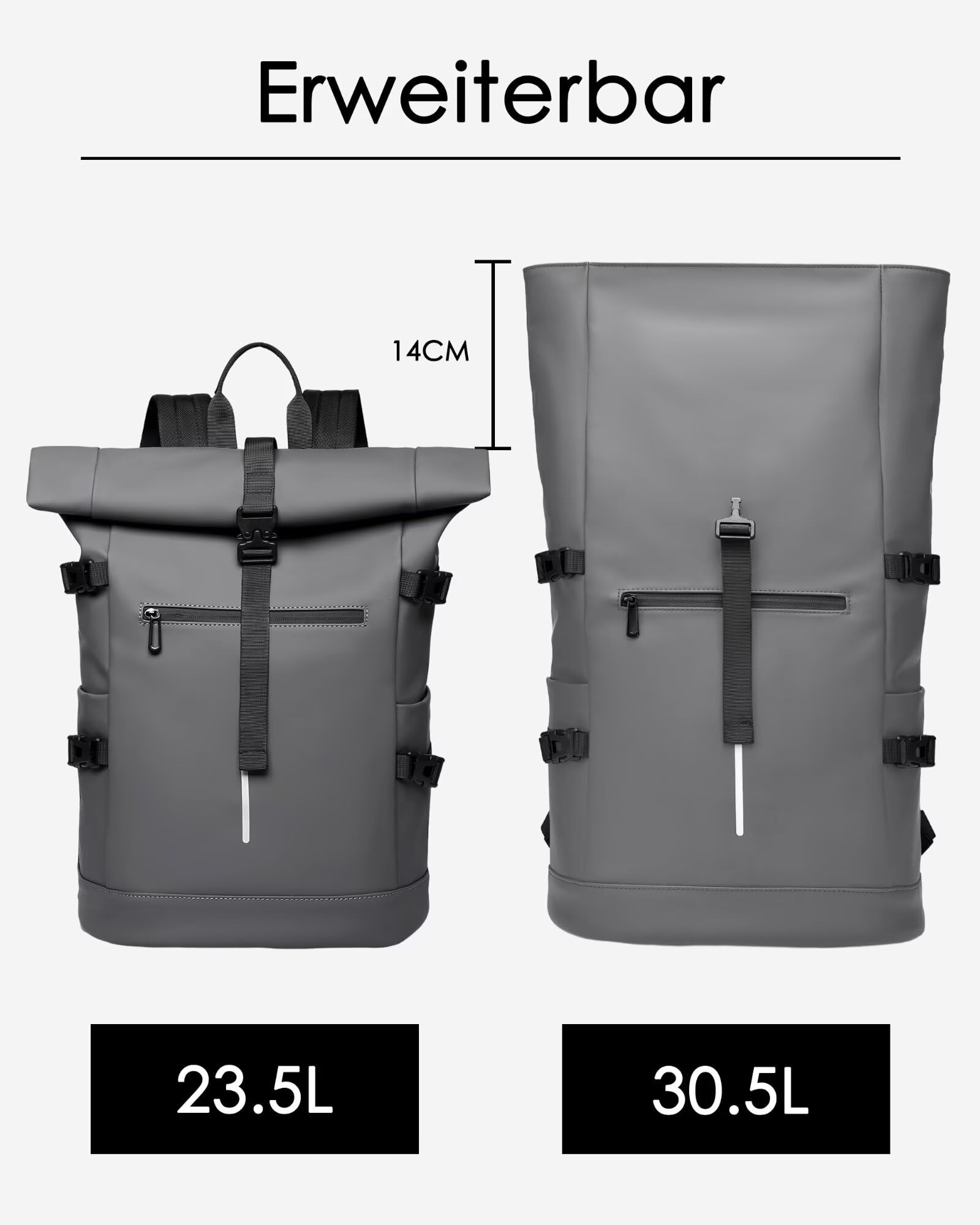 Rolltop Rucksack Herren Wasserdicht Grau Laptop Rucksack mit 17 Zoll Laptopfach Fahrradrucksack Schulrucksack Tagesrucksack Einfaches Design für Uni Freizeit Sport Reisen,Grey