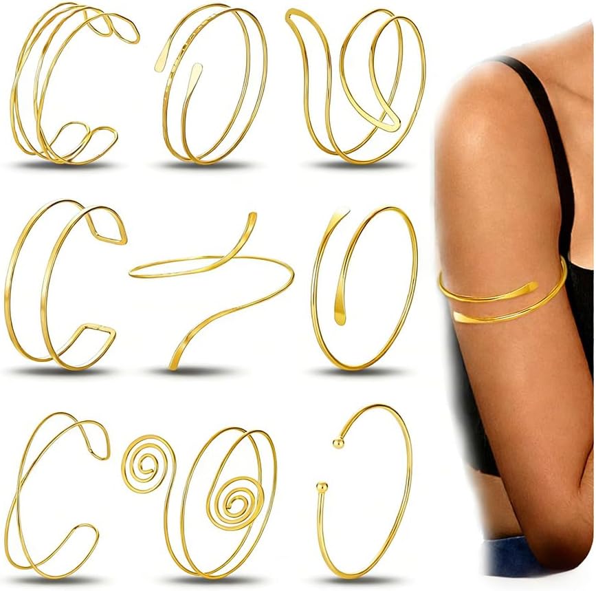 DELUU 9PCS Gold Arm Cuff Bracelets for Women, Upper Arm Band Set | 14K Gold Plated,Open Adjustable Cuff,Durable Armband Cuff,Comfortable for Arm,Ideal for Costumes and Custom Party,Halloween