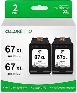 COLORETTO 67 XL 67XL Remanufactured Ink Cartridge Compatible with HP Envy 6055 6055e 6052 6052e EnvyPro 6458 6455 Deskjet 4155 4155e 2755 2755e 2742 2742e 2700 DeskjetPlus 4152 Printer 2 Black 2-Pack