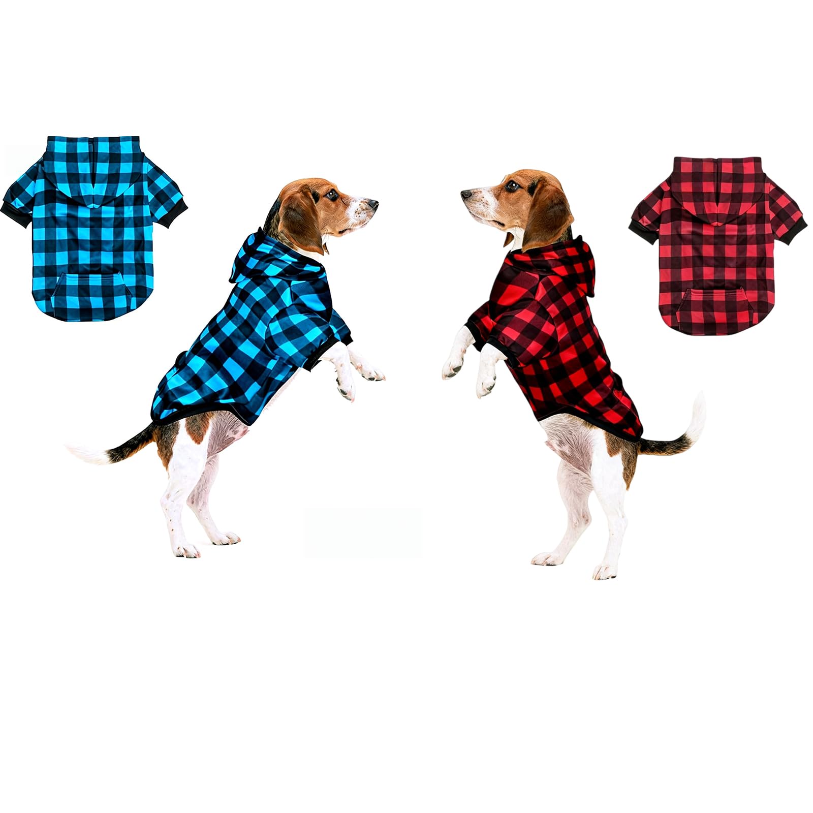 2 Packs Dog Hoodie Sweatshirt for Dogs - Fleece Lined Dog Sweater with Pocket, Warm Plaid Dog Coat for Small Medium Large Dogs, Windproof Pet Hoodies for Cold Weather (Redblack, Blueblack-M)