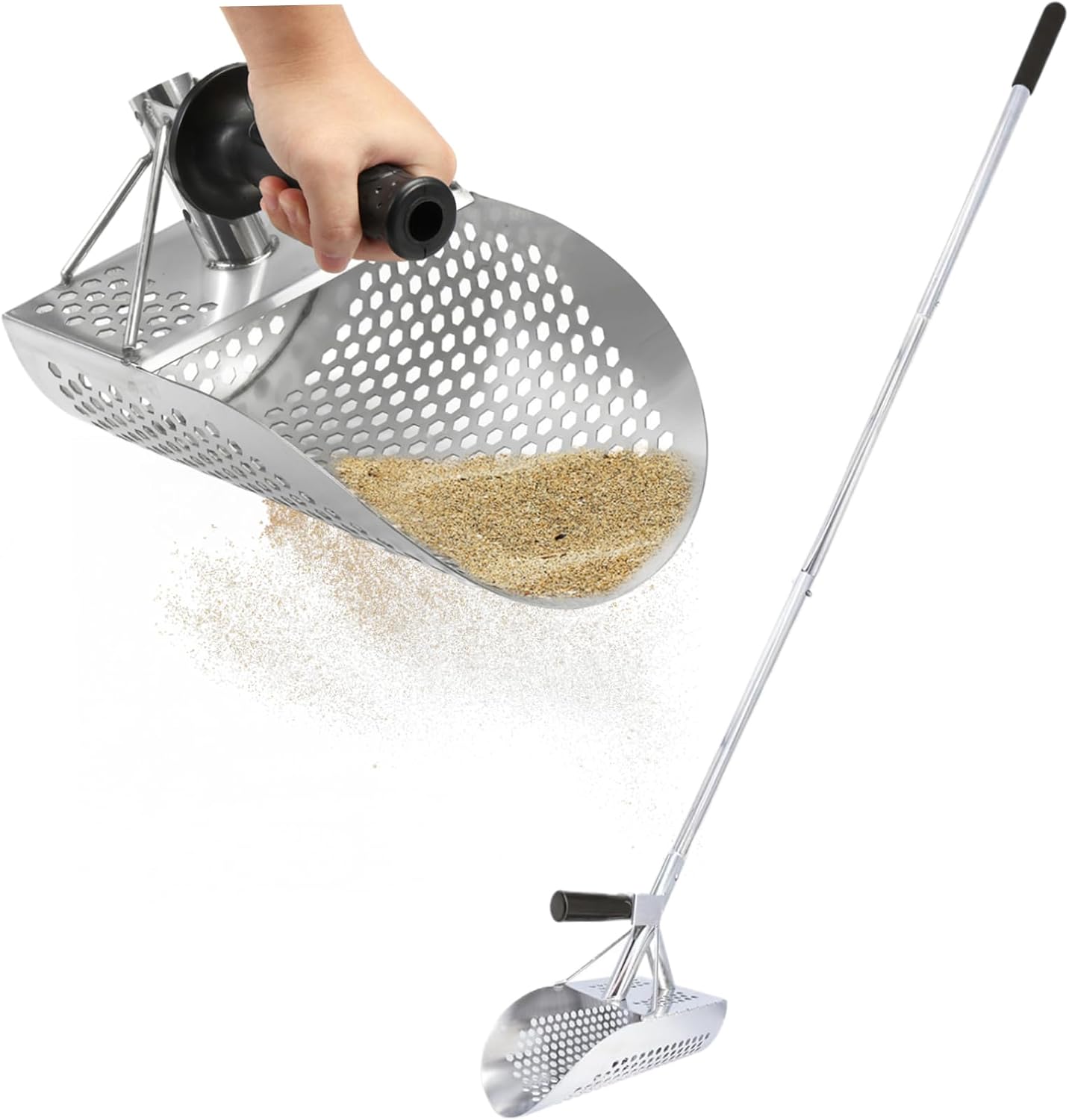 Sand Scoop for Metal Detecting Stainless Steel Metal Detecting Shovel withShaped Holes& Detachable 47In Long Handle Heavy Duty Sand Sifter for The Beach