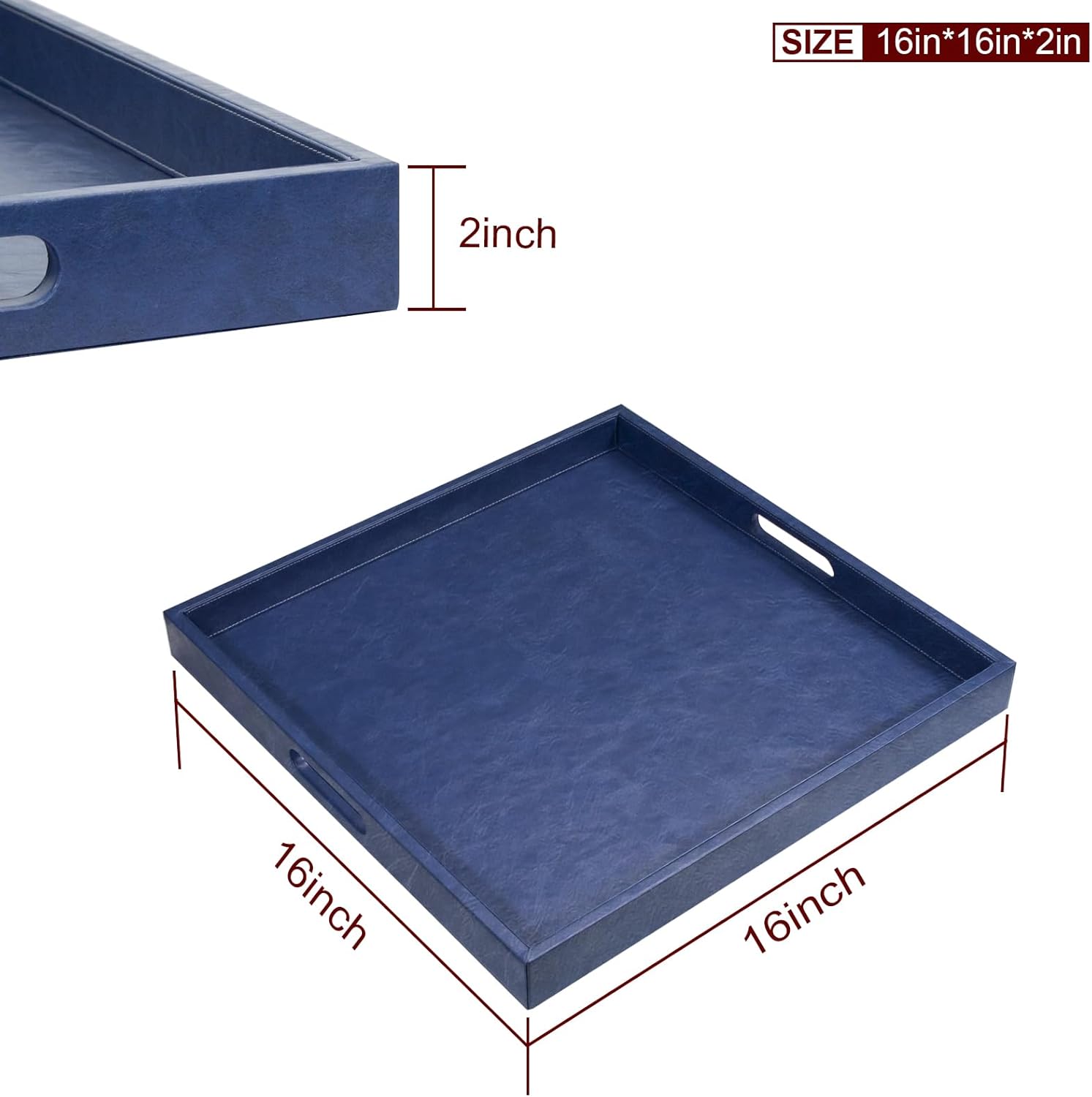 16x16 inches Square Leather Ottoman Serving Tray with Hole Handles, Modern Minimalist Service Tray for Living Room, Coffee Table, Bed, Tea, Food, Butler Countertop, Kitchen, Dinner, Picnic (Blue)