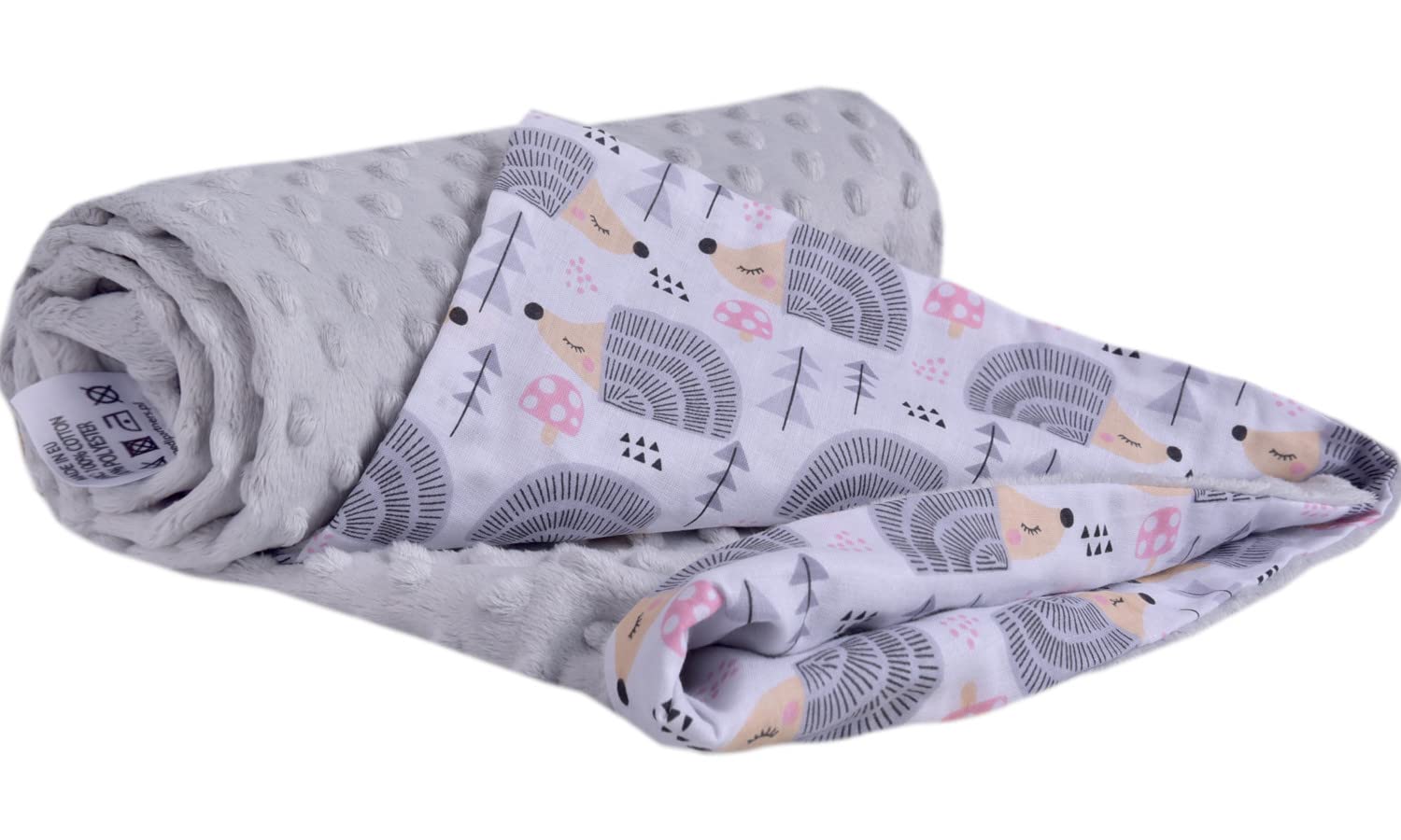 Medi Partners Krabbeldecke 100% Baumwolle 75x100cm doppelseitig multifunktional Minky Kuscheldecke für Kinderwagen weich flauschig (Bunte Igel mit grauen Minky)