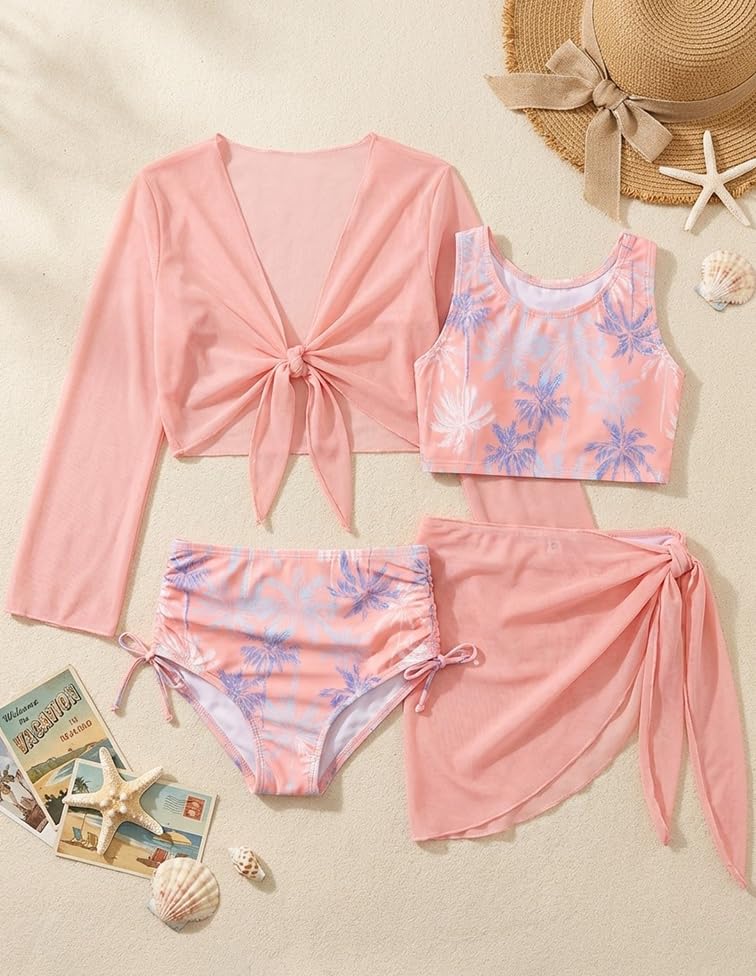 Image of GRACE KARIN Girls Bathing Suit Adjustable Taniki Swimsuit Tie Front 4 Piece Bikini Set with Kimono Cover Up 6-14