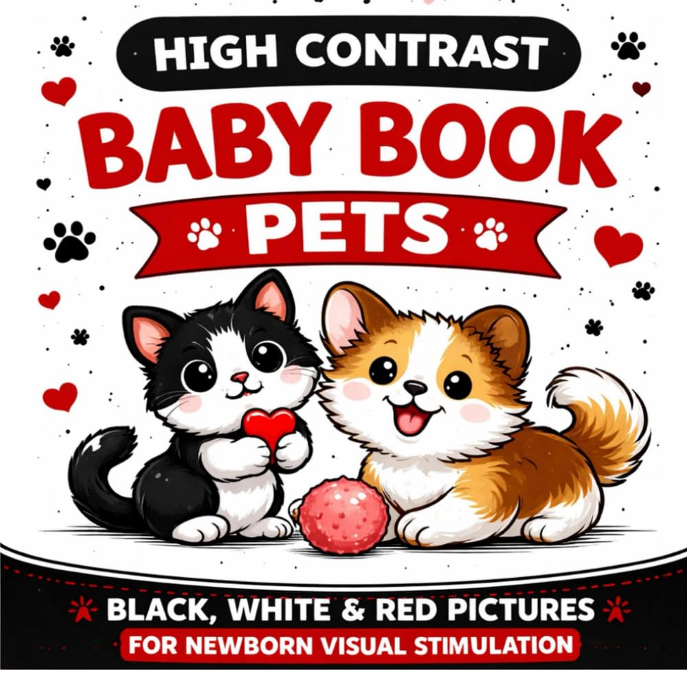 High Contrast Baby Book – Pets: Black, White & Red Pictures for Newborn Visual Stimulation