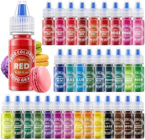 Food Coloring - 33 Food Grade Vibrant Colors Food Coloring Liquid Set, Food Dye Color for Baking, Icing, Cookie, Cake Decorating, Easter Egg, DIY Making Supplies Kit (0.25 Fl Oz (Pack of 33))