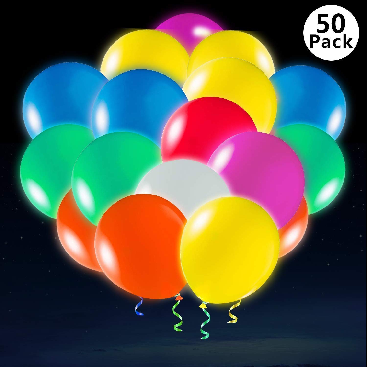 50 Pack LED Light Up Balloons, Premium Mixed-Colors Flashing Party Lights Lasts 12-24 Hours, Ideal for Parties, Birthdays and Wedding Decorations, Fillable with Helium, Air