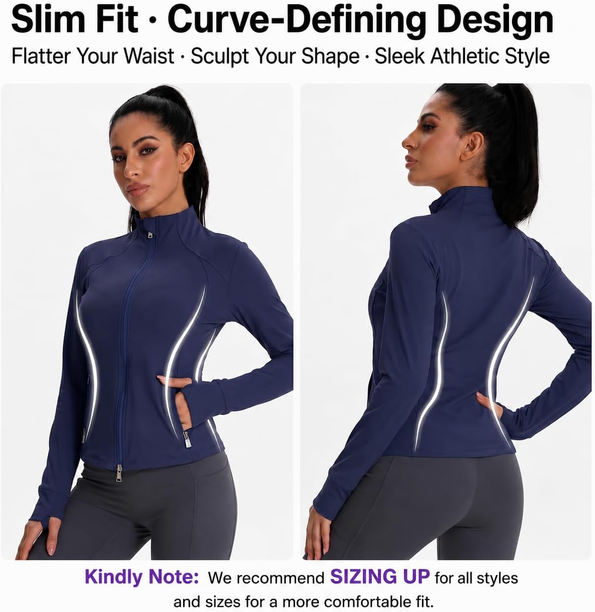 Women’s Slim Fit Full Zip Workout Jacket – Lightweight Yoga & Running Top with Thumb Holes & Convenient Pockets