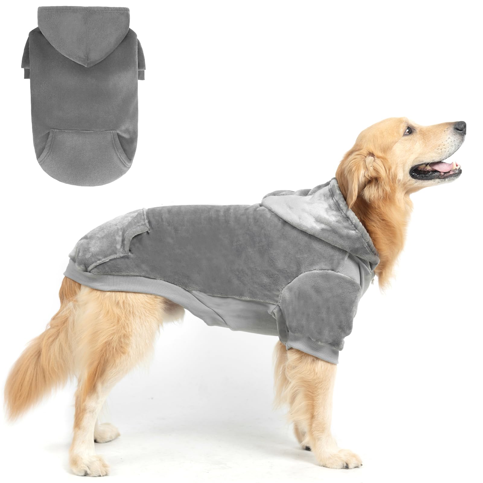 EXPAWLORER Flannel Dog Hoodie - Warm Soft Sweater with Leash Hole and Pocket, Winter Coat for Large Dogs Boys Girls, Grey XL