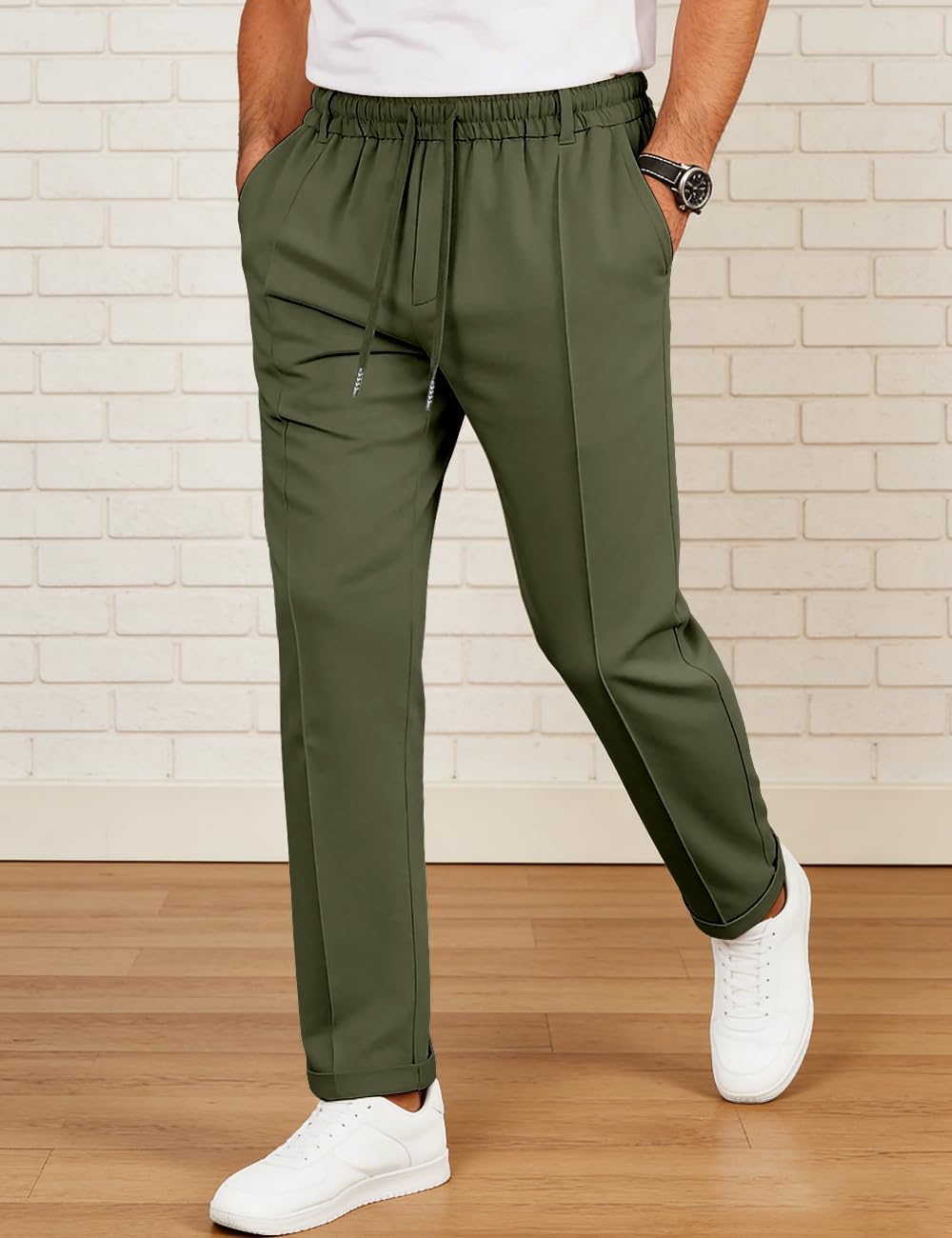 Mens Casual Chino Pants Elastic Waist Lightweight Trousers Classic-Fit Pants with Pockets - Image 2