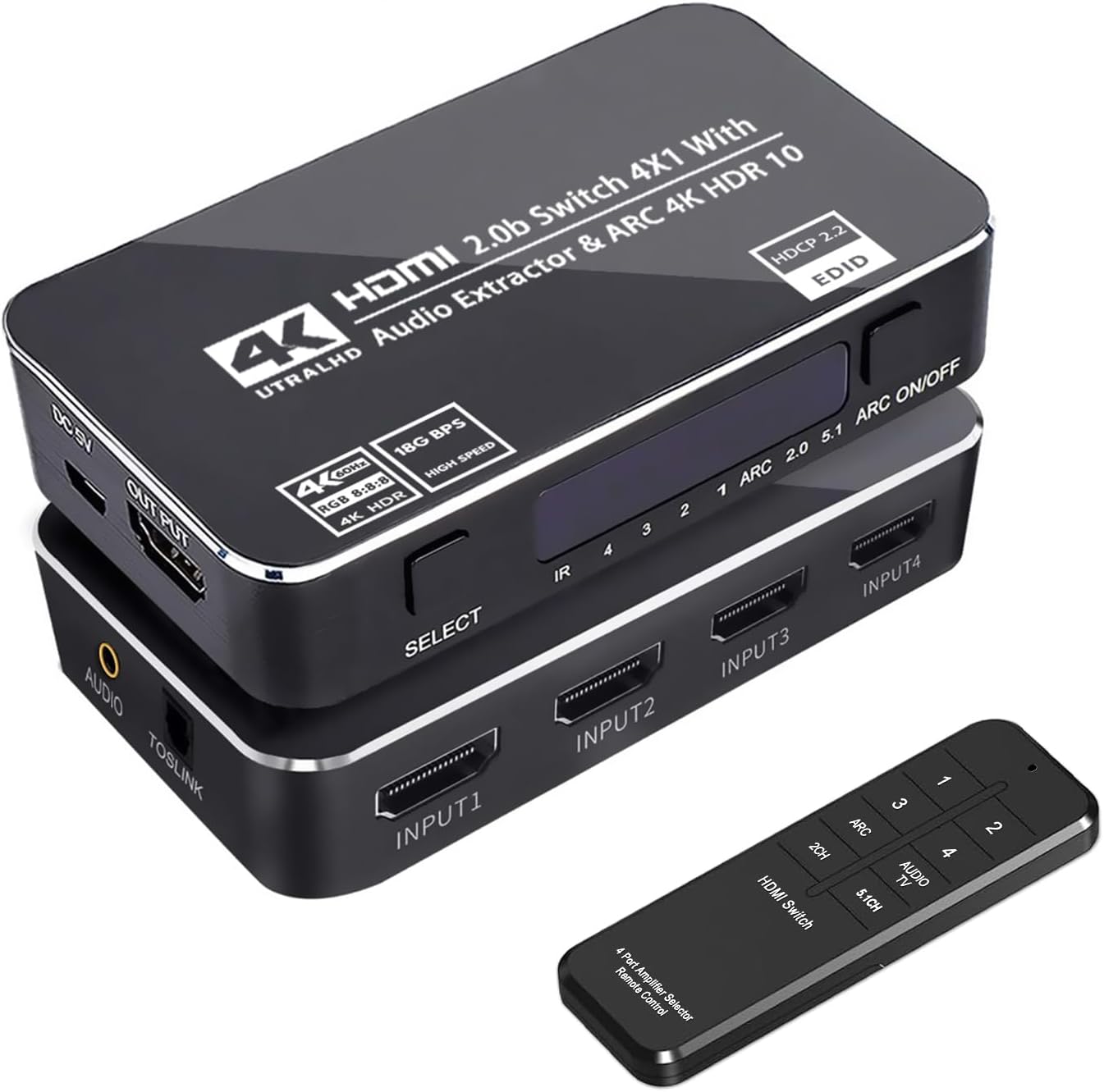HDMI Switch 4x1 with Audio Extractor, 4K@60Hz Ultra HD HDMI Switcher with Optical TOSLINK SPDIF, 3.5mm Audio Support ARC Function, 3D, 1080P @120Hz, 4Kx2k @60Hz HDTV (IR Remote Control)