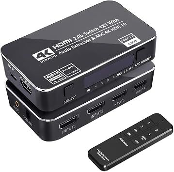 HDMI Switch 4x1 with Audio Extractor, 4K@60Hz Ultra HD HDMI Switcher with Optical TOSLINK SPDIF, 3.5mm Audio Support ARC Function, 3D, 1080P @120Hz, 4Kx2k @60Hz HDTV (IR Remote Control)