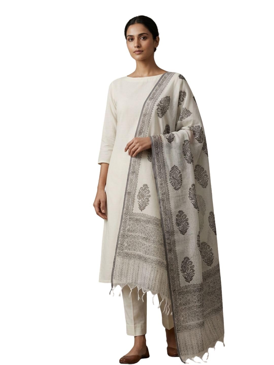 dupatta bazaar Women's Block Printed Kota Doria Dupatta | Mughal Floral Hand Block Print Fringed Tassel Border | Cotton Blend Ethnic Dupatta for Festive and Casual Wear (2.4 Meter, White & Black)-picture-22