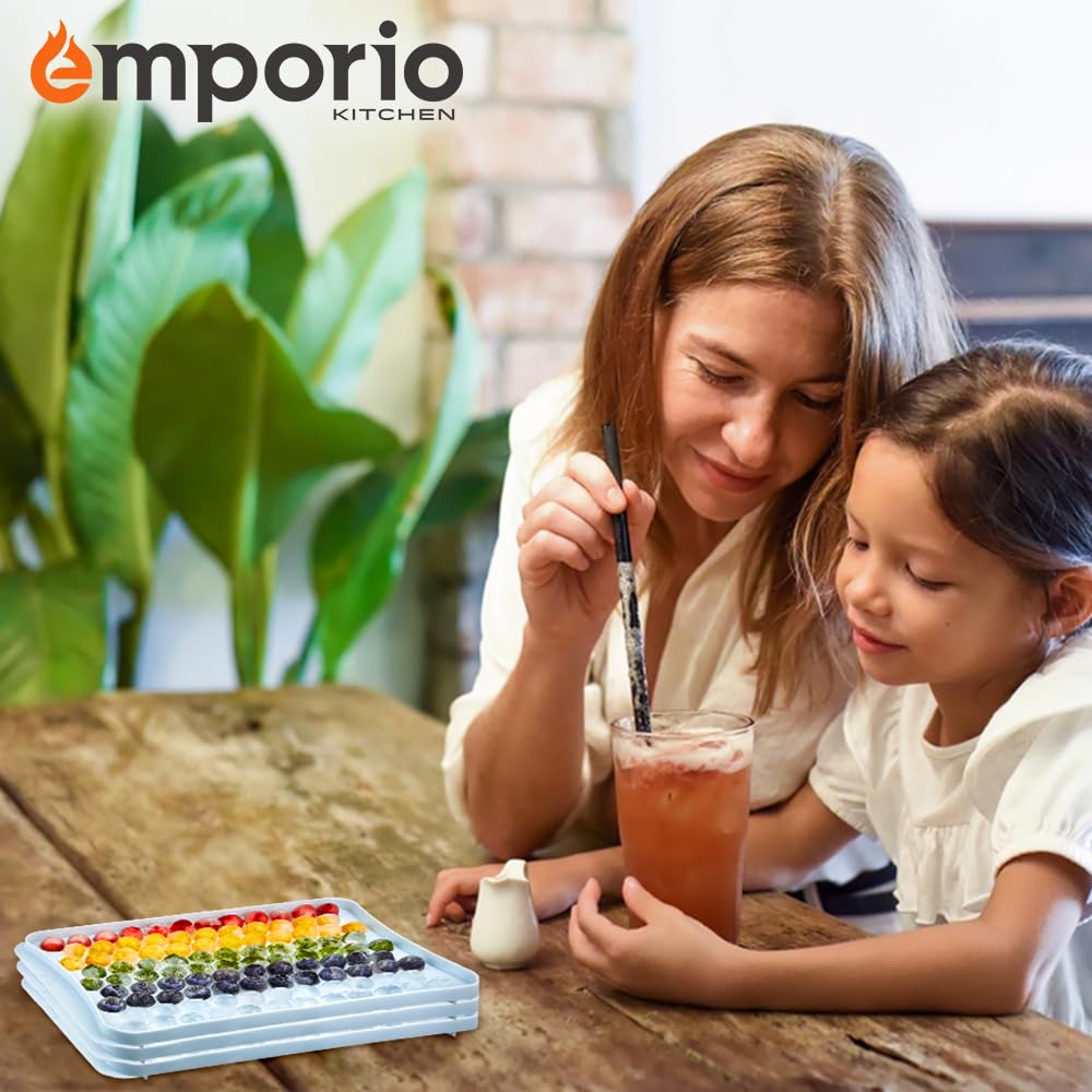 Emporio Kitchen Bandeja redonda para cubitos de hielo con tapa y cubo - Crea 99 bolas de hielo (tamaño de 1.1 pulgadas), bandejas apilables para cubitos de hielo, bolas de hielo de fácil liberación