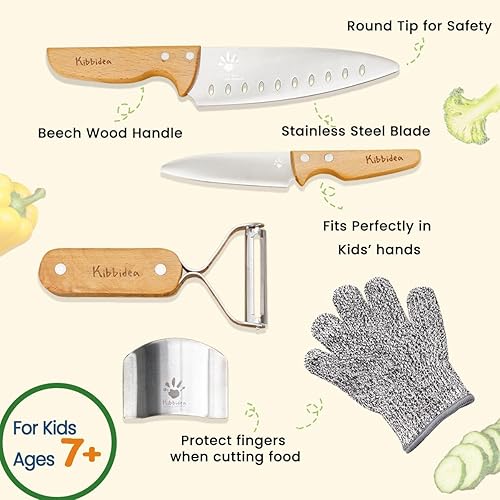 Miniatura 3 de Juego de Cuchillos para Niños Kibbidea de 4 Piezas, Acero Inoxidable, Mango de Madera, Cuchillos para Niños para Cocina Real, Cuchillo de Chef Apto
