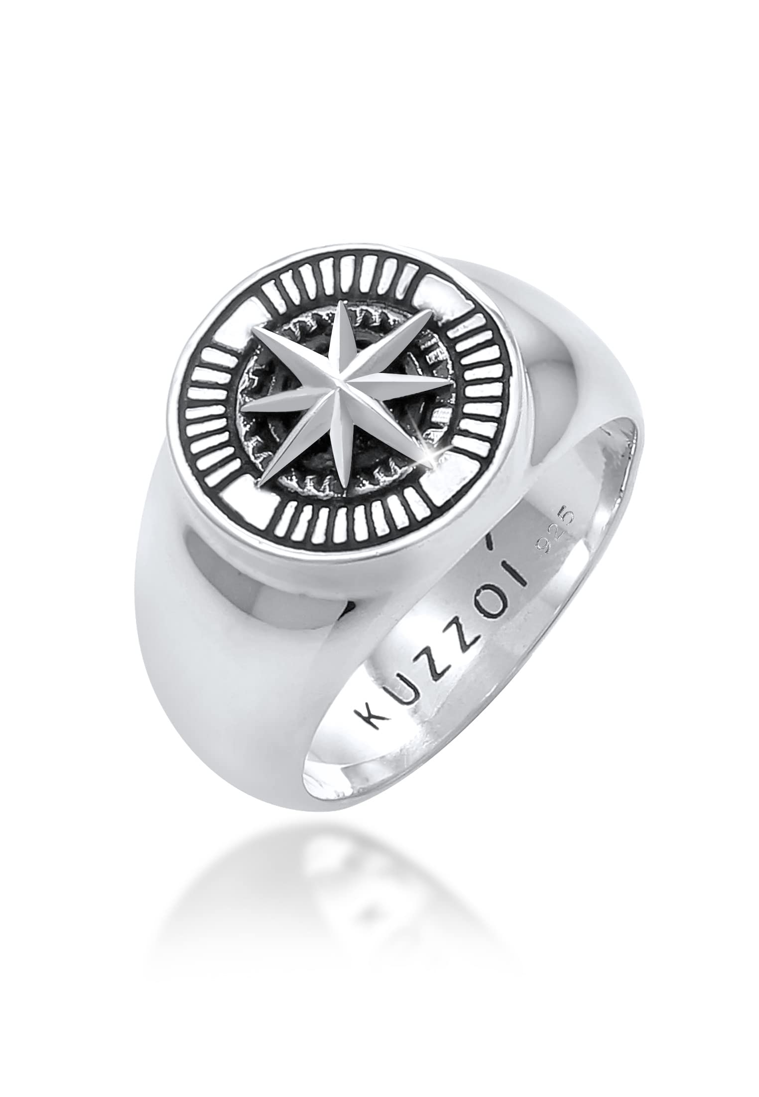 Kuzzoi Siegelring Herrenring rund massiv 15 mm 925 Silber schwarz | oxidiert mit Kompass Symbol Ring für Männer in der Ringgröße 60 - 66