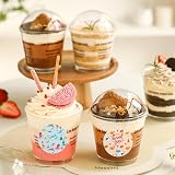 50PCS Pudding Cups with Lids and Stickers - 210ml 7oz Clear Plastic Dessert Cups with Dome Lids, Reusable Parfait Appetizer Cups for Mousse Yogurt Fruit - Round Serving Bowls for Parties Events - 6