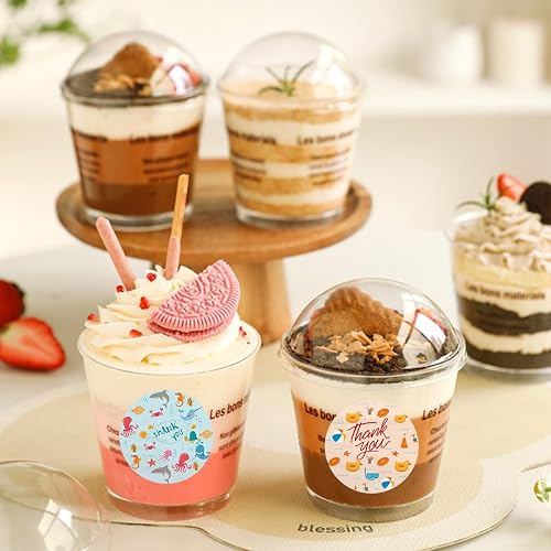 50PCS Pudding Cups with Lids and Stickers - 210ml 7oz Clear Plastic Dessert Cups with Dome Lids, Reusable Parfait Appetizer Cups for Mousse Yogurt Fruit - Round Serving Bowls for Parties Events - 6