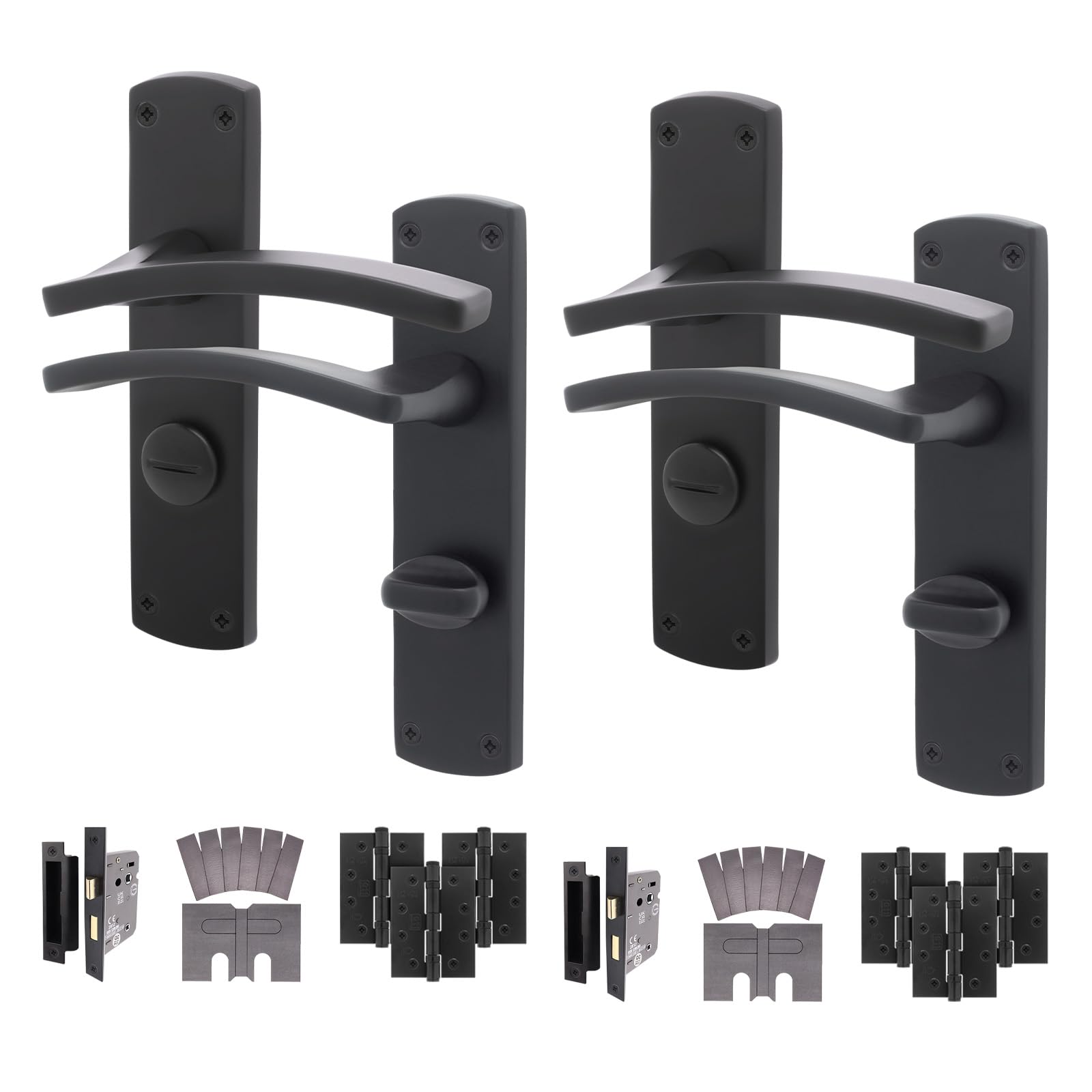 Eai Matt Black Black Fire Door Handle Bathroom Set, Internal Fire Rated Door Handle With 102Mm Hinges And 80Mm Lock, Elcot 2 Pack