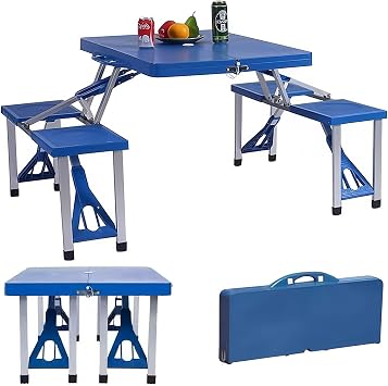 Camping Table Set, Folding, 4 Seats, Integrated Table and Chair, Outdoor Table and Chair Set, Picnic Table, Umbrella Hole, Lightweight, Portable, Easy to Assemble, Convenient to Carry, Garden, Outdoor