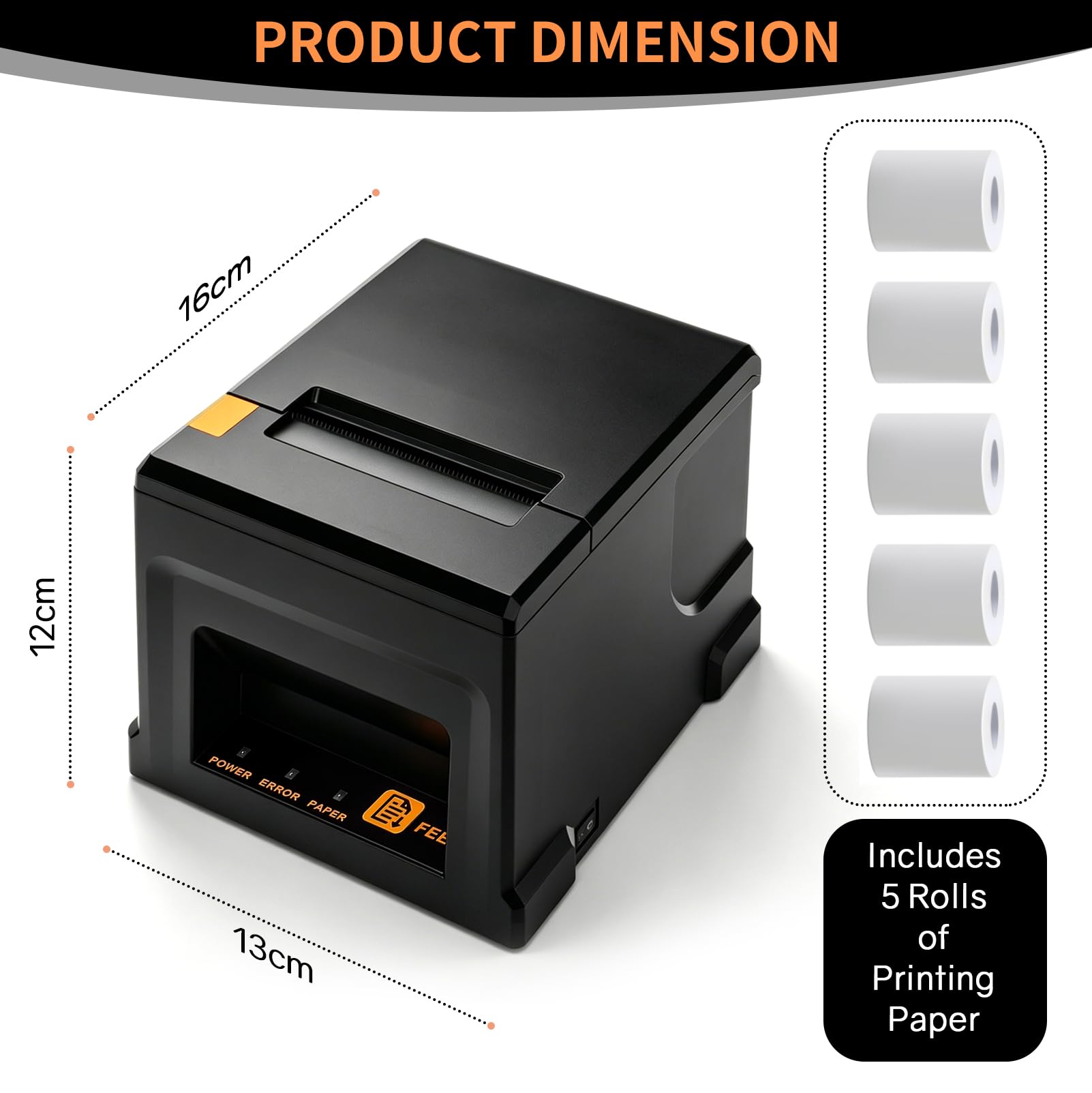 80 mm Thermodrucker POS, Kompatibel mit Windows/Mac-Systemen | 220-300mm/s, mit 5 Rollen Papier, Unterstützt Bluetooth- und USB-Verbindungen, Für Gastronomie & Einzelhandel