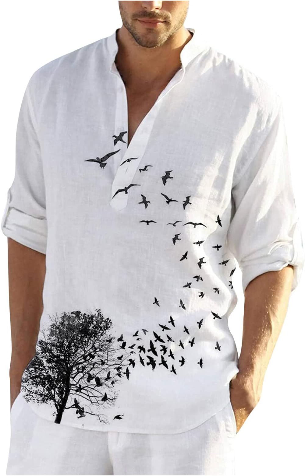CenlangMens Long Sleeve Casual Cotton Linen Shirts Hawaiian Graphic Print Tees V Neck Buttons Up Beach Yoga T Shirts Tops