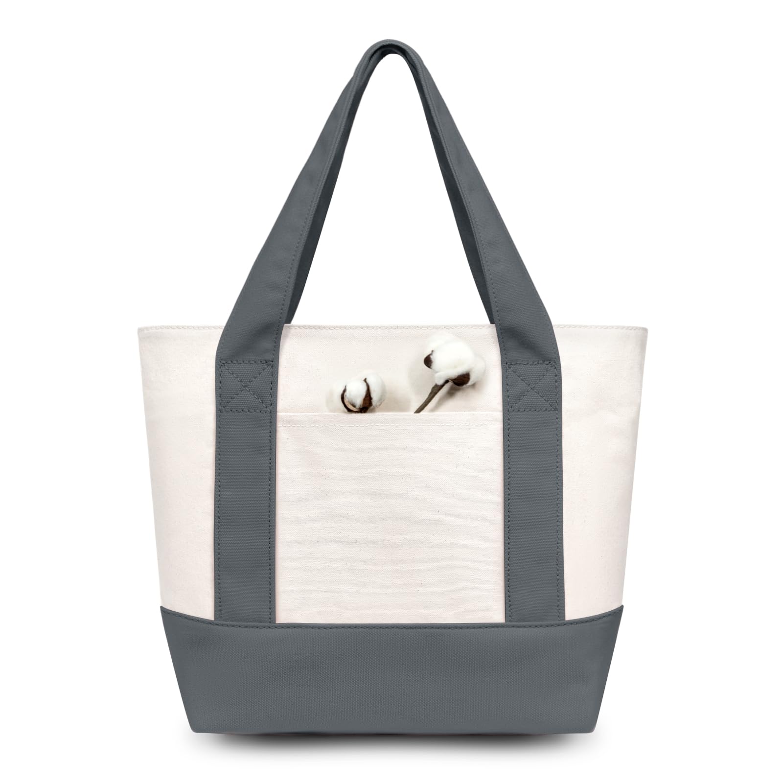 TOPDesign 1-Pack Small Canvas Tote Bag with an External Pocket, Reusable Bag, Top Zipper Closure, Daily Essentials (Grey/Natural)