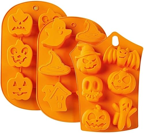 Wetco - Juego de 3 moldes de silicona para hornear, murciélago, fantasma, calabaza, calavera, casa encantada, sombrero de mago, adecuado para hacer