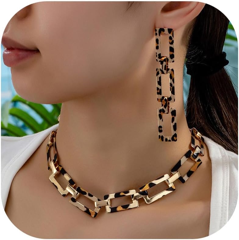 72ore Leopard Earrings Necklace Set Statement Brown 90s Choker Leopard Necklace for Women Vintage Jewelry Set Party Cheetah Print Dress Accessories Birthday Gifts