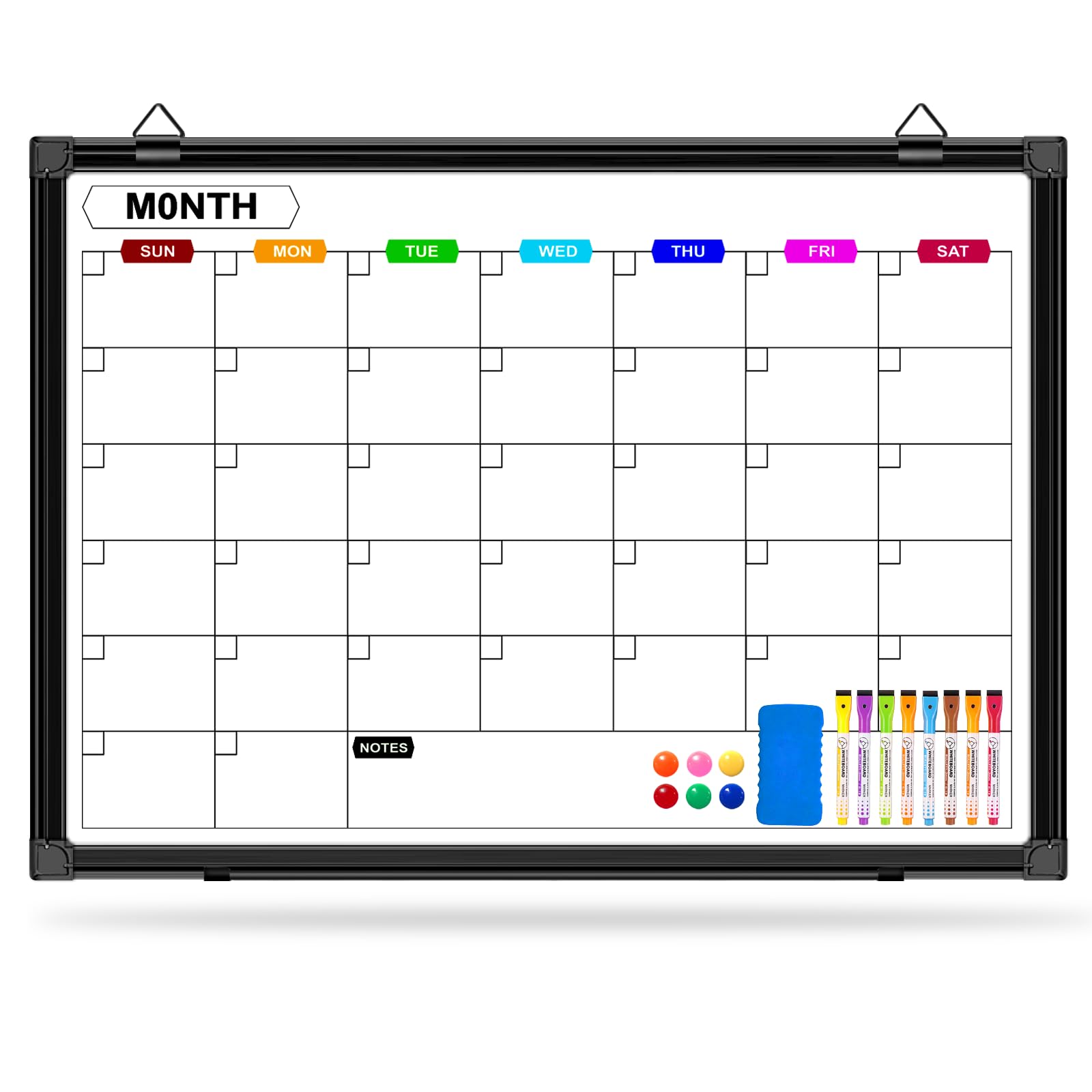 Pizarra blanca para pared de 24 x 18 pulgadas, calendario mensual de borrado en seco con marco de aluminio negro, pizarra de borrado en seco para oficina, hogar y escuela