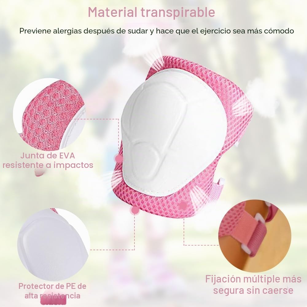 mizikuu Casco Bici Niño, 7 In 1 Set de Protecciónes Infantiles Adjustables Rodilleras Coderas y Muñequeras Almohadilla De Seguridad Protector para Patinar, Bicicleta, BMX, Monopatín, Aeropatín, Rosa