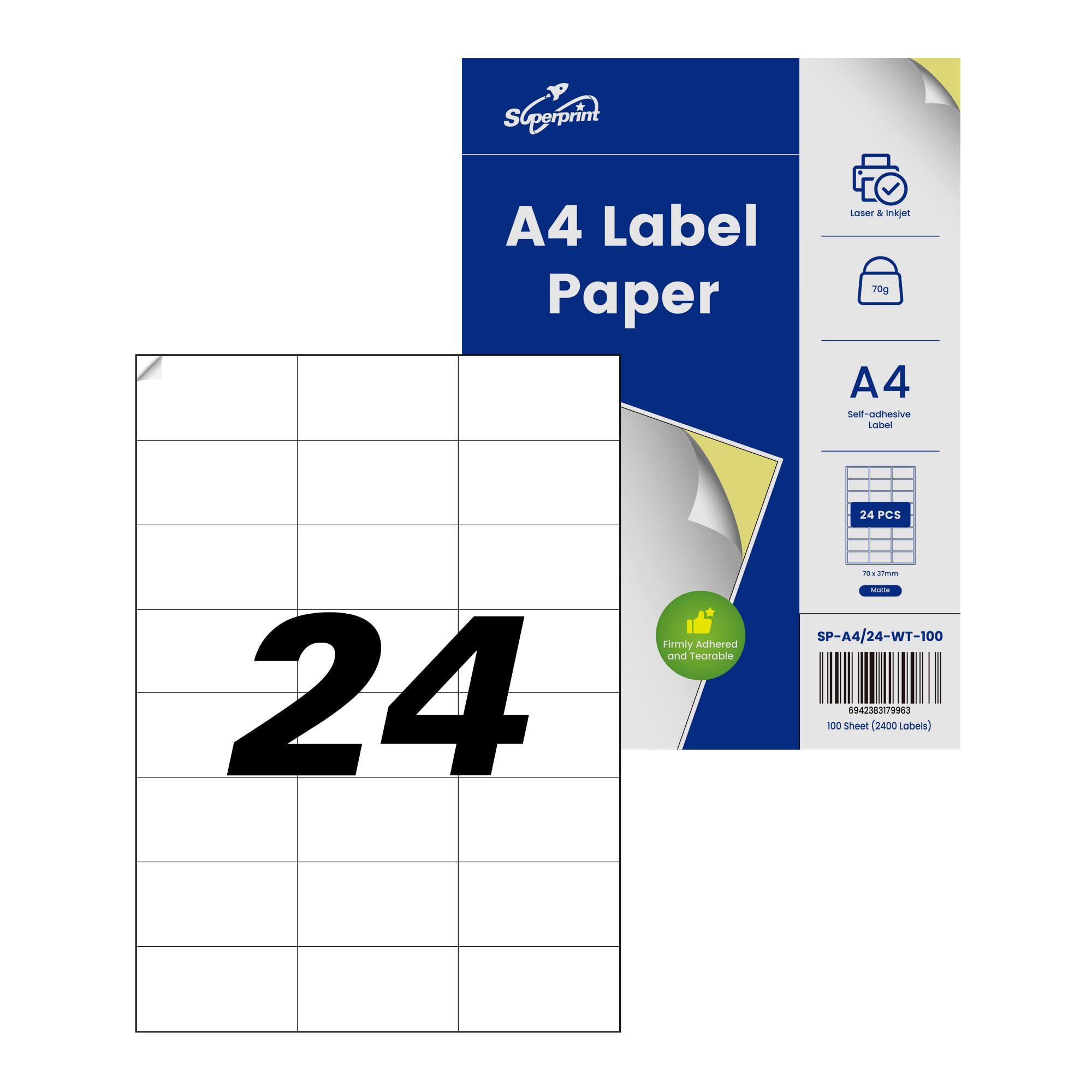 Étiquettes autocollantes A4, 210 × 297 mm, universelles, imprimables, blanc mat, pour bricolage, convient aux imprimantes laser et à jet d'encre (70 x 37 mm, 24 000 étiquettes)