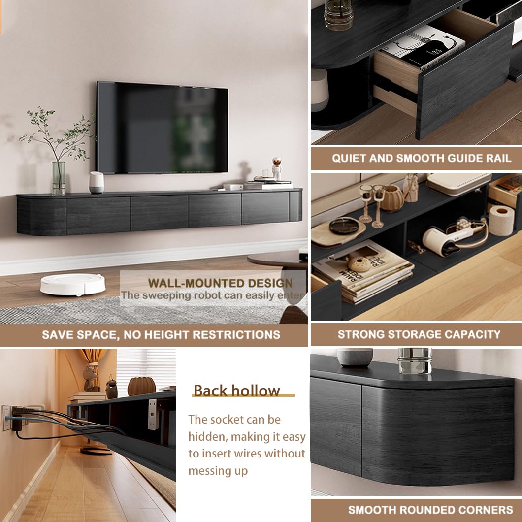 Pensile TV Moderno in Legno Massello con Illuminazione LED | Consolle per Divertimento Montata a Parete con Antine Ribaltabili | Panchina TV per Soggiorno e Ufficio (Nero, 200cm)