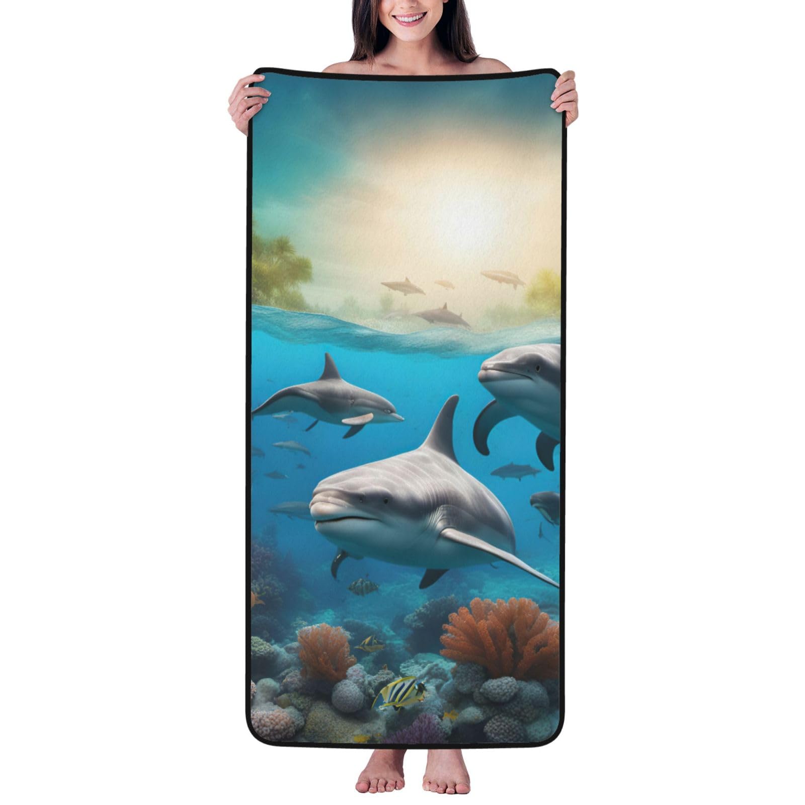 AYYQWE Dolphins Sea Turtle Shark Octopus Coral Print Coral Velvet Bath Towel For Home Bathroom Spa Beach Travel Holidays Daily Use