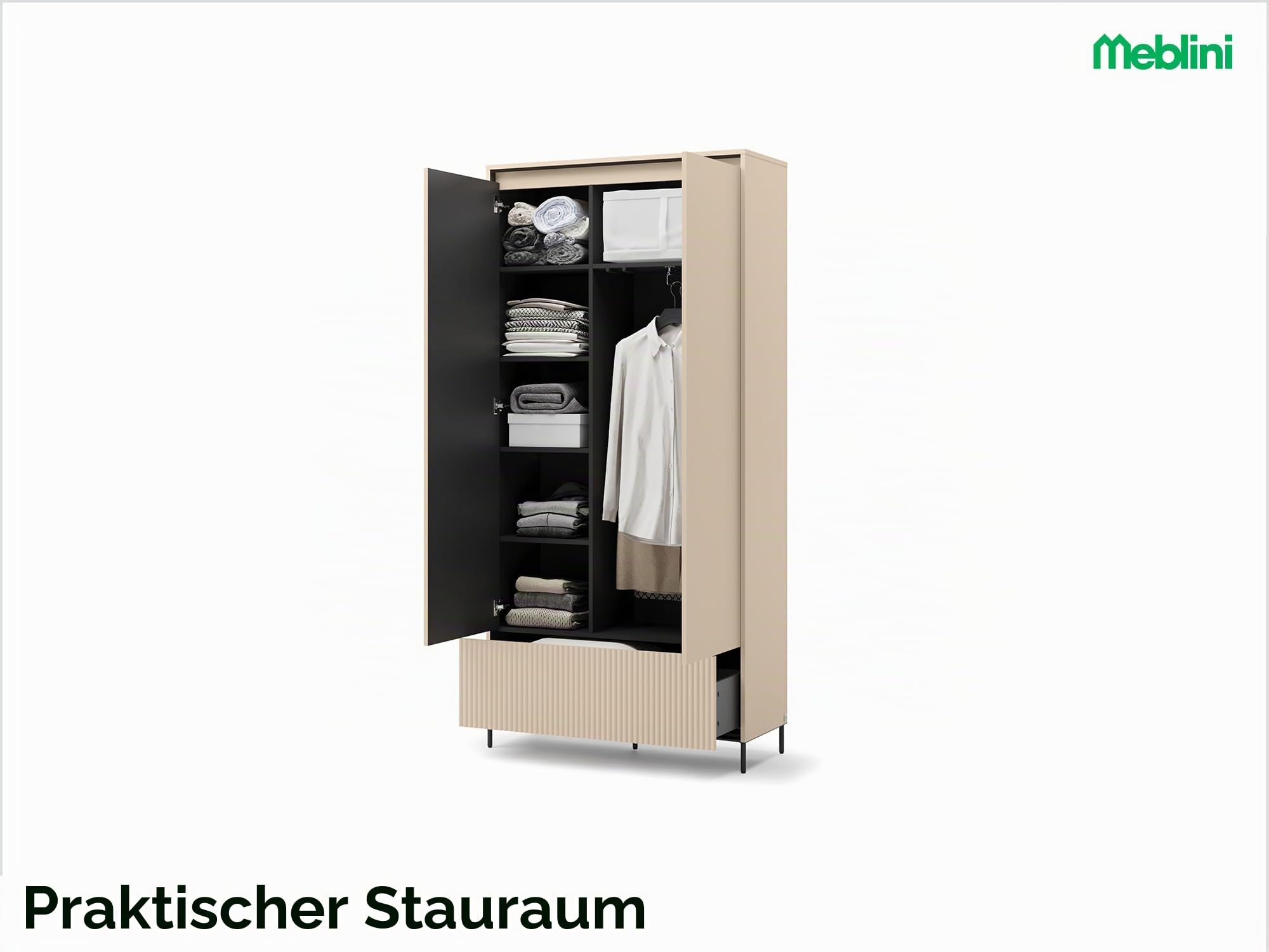 MEBLINI Garderobe Flur Möbel Set mit LED - Garderobenschrank Flur mitl Kommode - Garderobe Schrank - Flurgarderobe - Flurschrank hoch - Trend - Beige/Schwarz