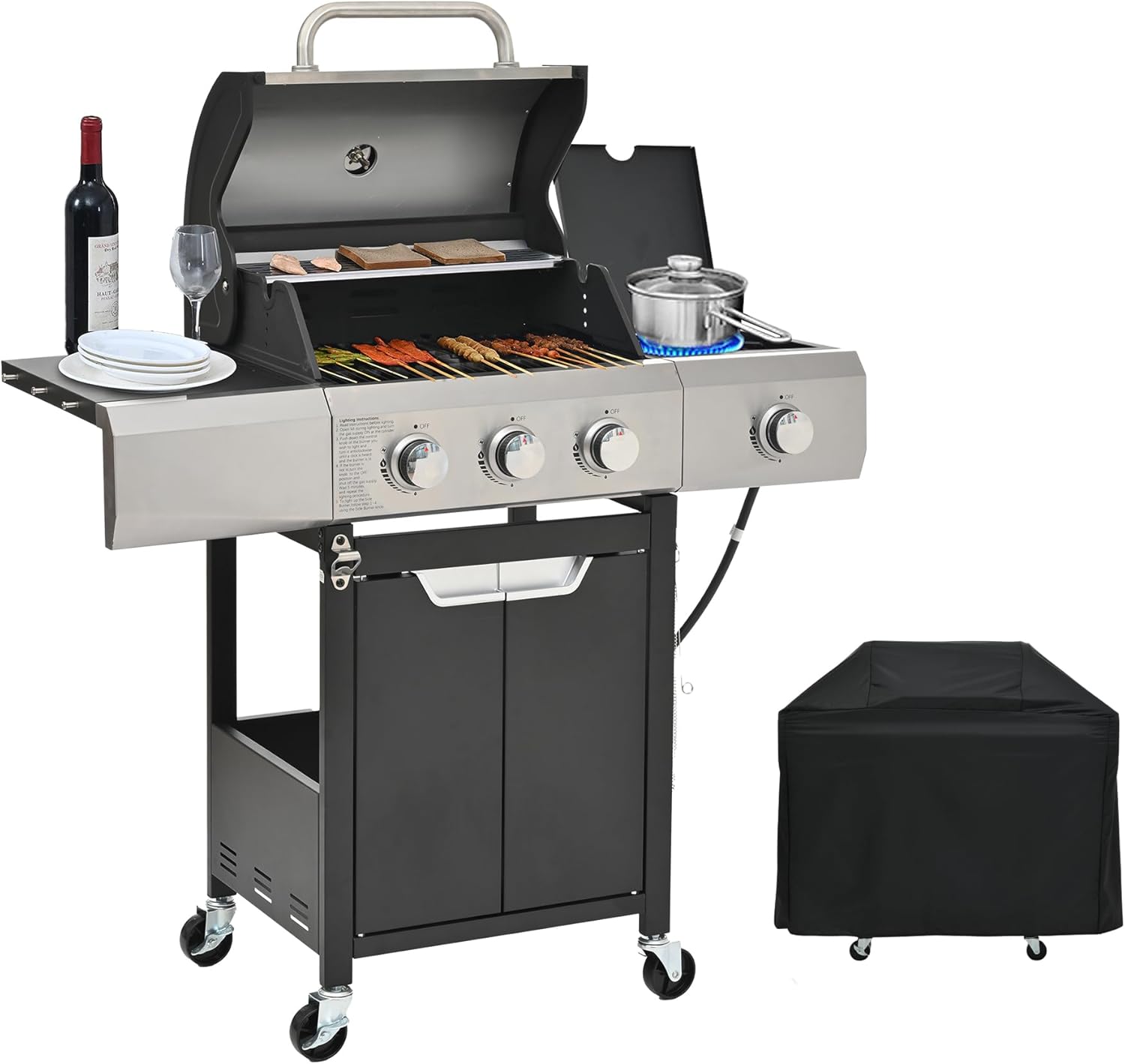 Endark 3-burner Propane Grill with a Side Burner and Grill Cover, 40,500 BTU, Stainless Steel BBQ Grill with Thermometer,Wheels, Enameled Cast Iron Grate Gas Grill, Perfect for Patio,Garden Cooking