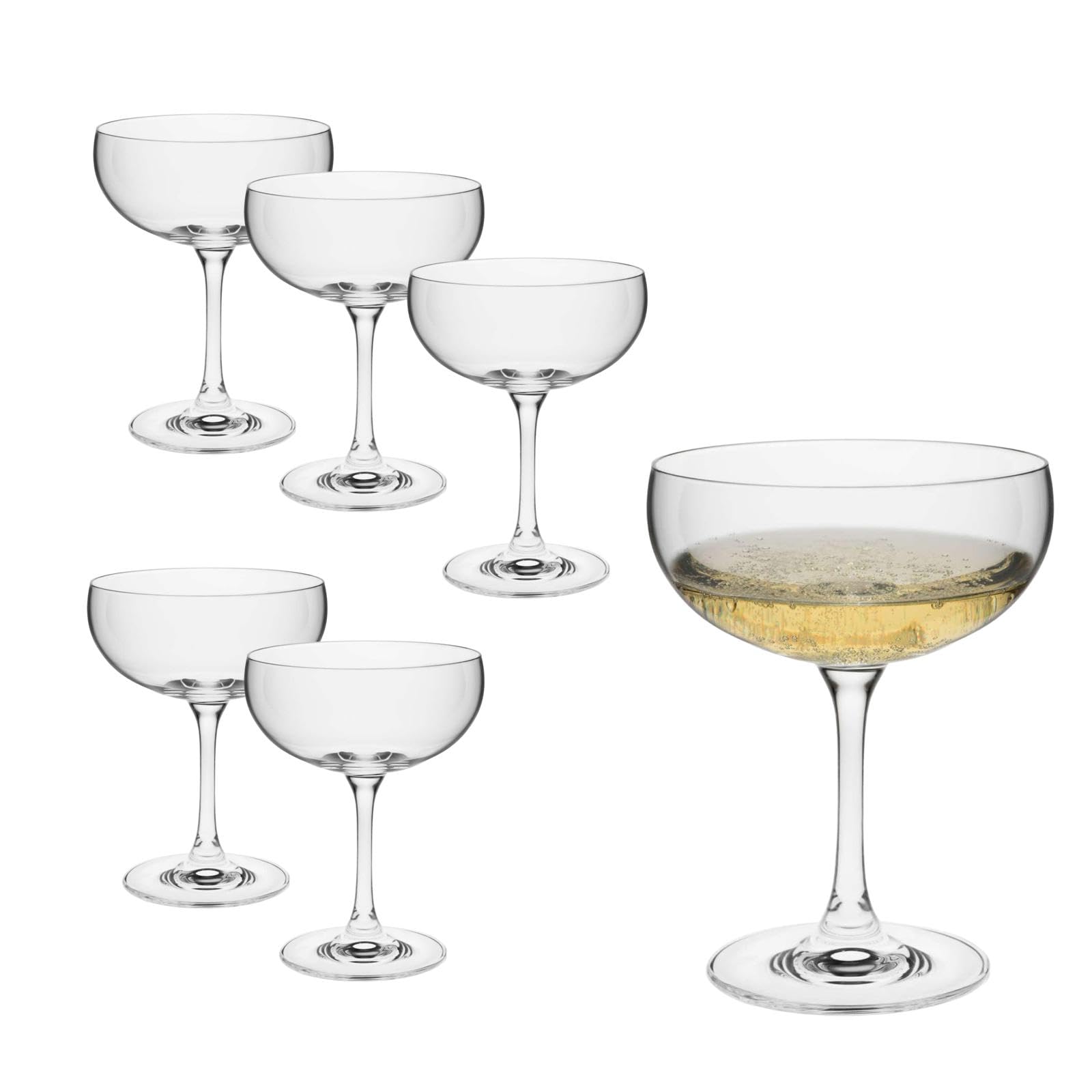 Rona Champagner Schalen Serie Mondo, Prosecco Cocktail Glas mit klassischer Form, spülmaschinenfest, Premiumqualität, inclusive Glaspoliertuch