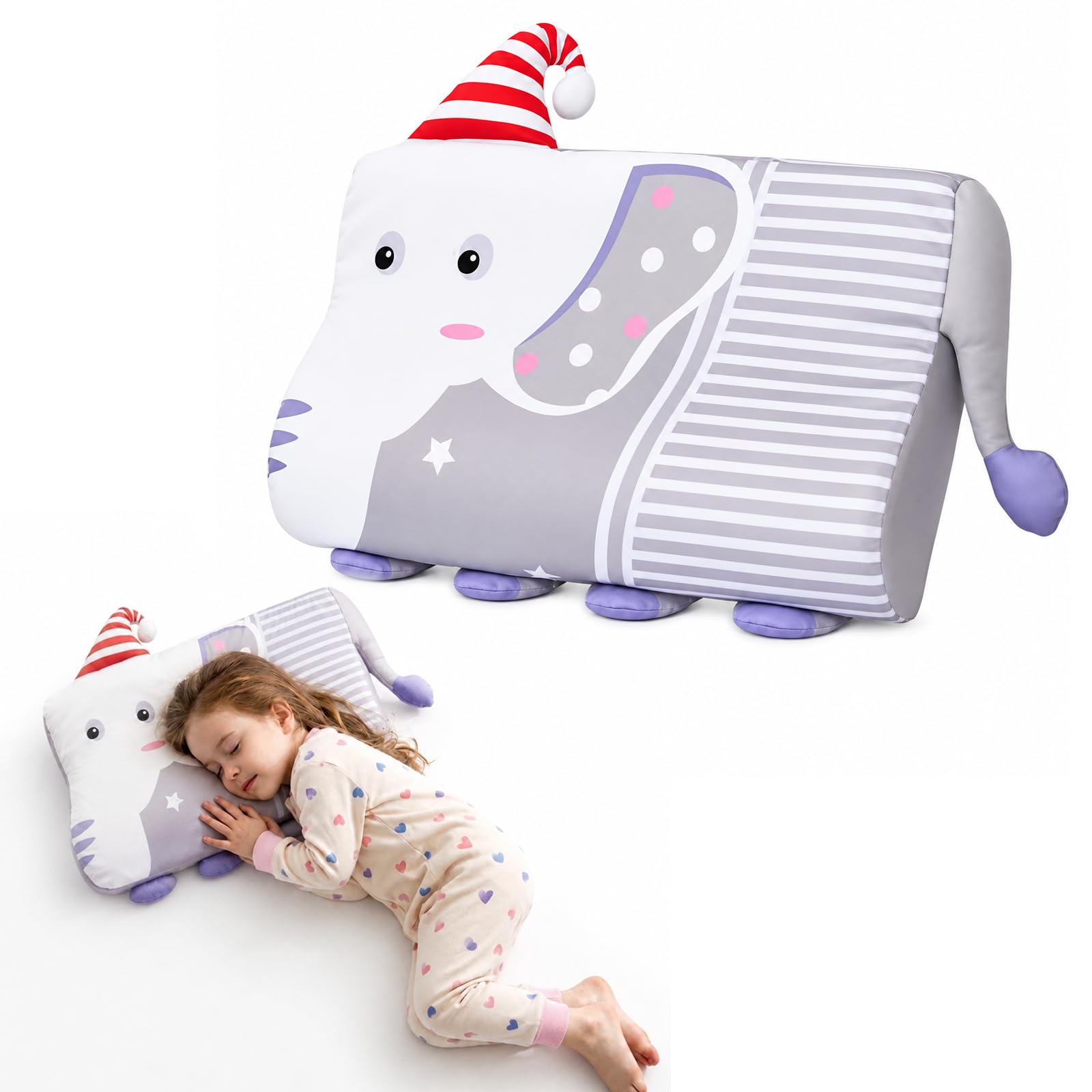 champracer Schlummerkids Kissen, Calmly Kinderkissen, Kinderkopfkissen, Atmungsaktives Ergonomisches Kissen für Jungen und Mädchen mit Niedlichen Tierdesigns (Elefant,45 * 27 * 6 cm)