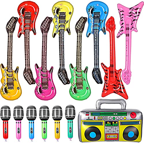 15 Pieces Inflatable Rock Star Toy Set Include Inflatable Rock Electric Guitar, Inflatable Bass Guitar, Inflatable Microphones, Inflatable Radio Boombox â€‹â€‹Toys for Concert Theme Party (21.2 Inches)