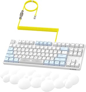 A.JAZZ AK873 Wired 87 Key TKL Mechanical Gaming Keyboard with Rainbow Backlit Hot-swap Tactile Blue Switch NKRO Gasket Ergonomic Wrist Rest Custom Coiled Aviator Cable for PC/Mac/PS4 Gamer(Blue White)