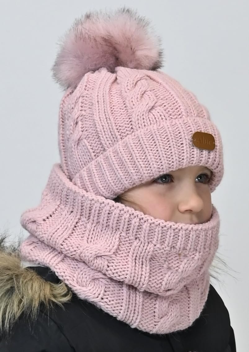 Alur Bonnet Fille et Garcon avec Pompon et Cache Cou Bebe - Ensemble Bonnet Echarpe Chaud et Universelle - Élastique en Douce Bonnet et Tour de Cou Enfant (A1)