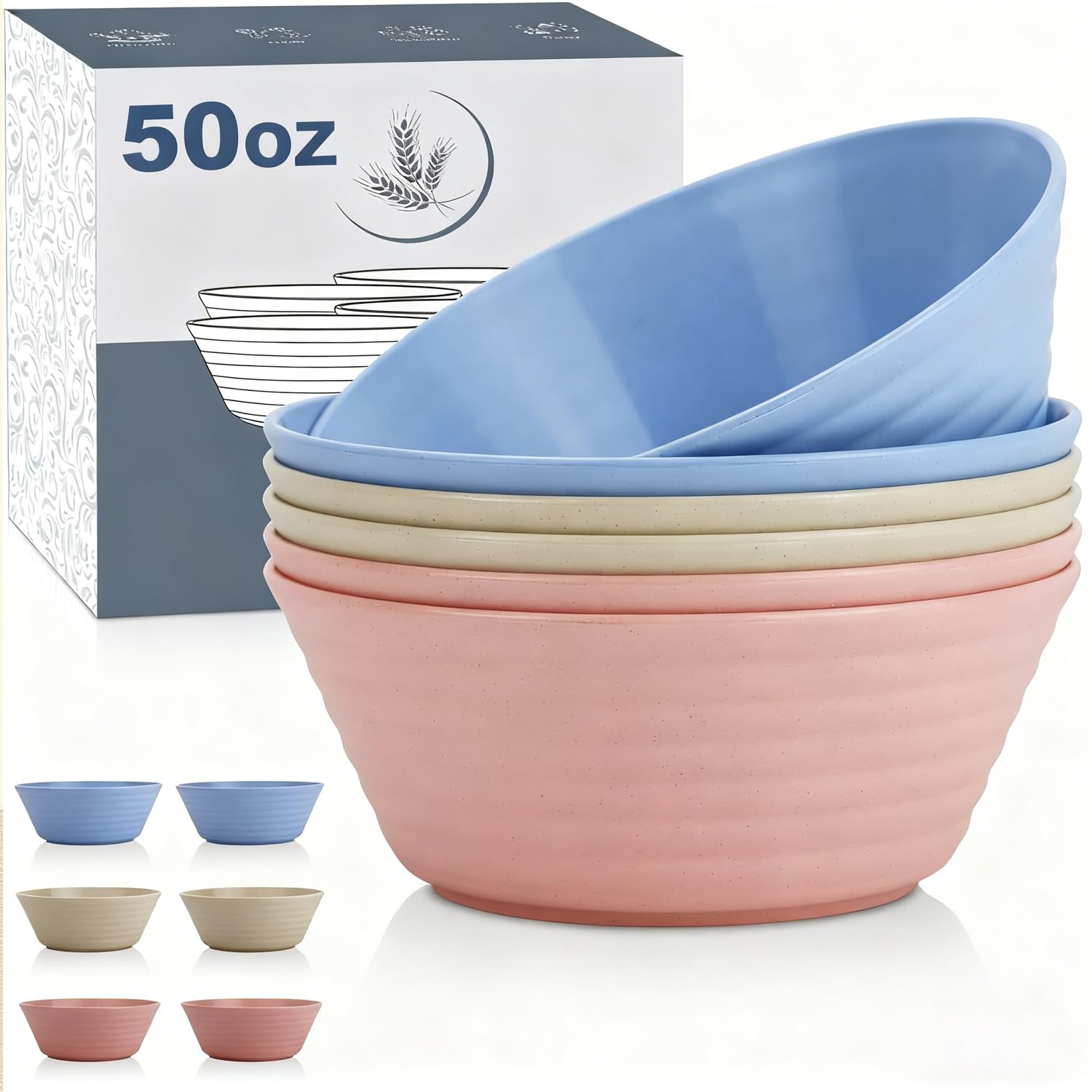 Wrova Unbreakable Plastic Bowl 50 oz Reusable Serving Bowl Set of 6, Large Bowls for Ramen, Salad, Fruit - Microwave and Dishwasher Safe Bowls, Lightweight Bowl Sets for Camping, Wedding - Colorful