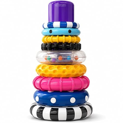 Storio Stacks of Circles Stacking Ring Toy for Babies 6+ Months | 9-Piece Multi-Color STEM Learning | Educational Baby Toy for Fine Motor Skills | Textured Rings with Sound Beads | Montessori Learning