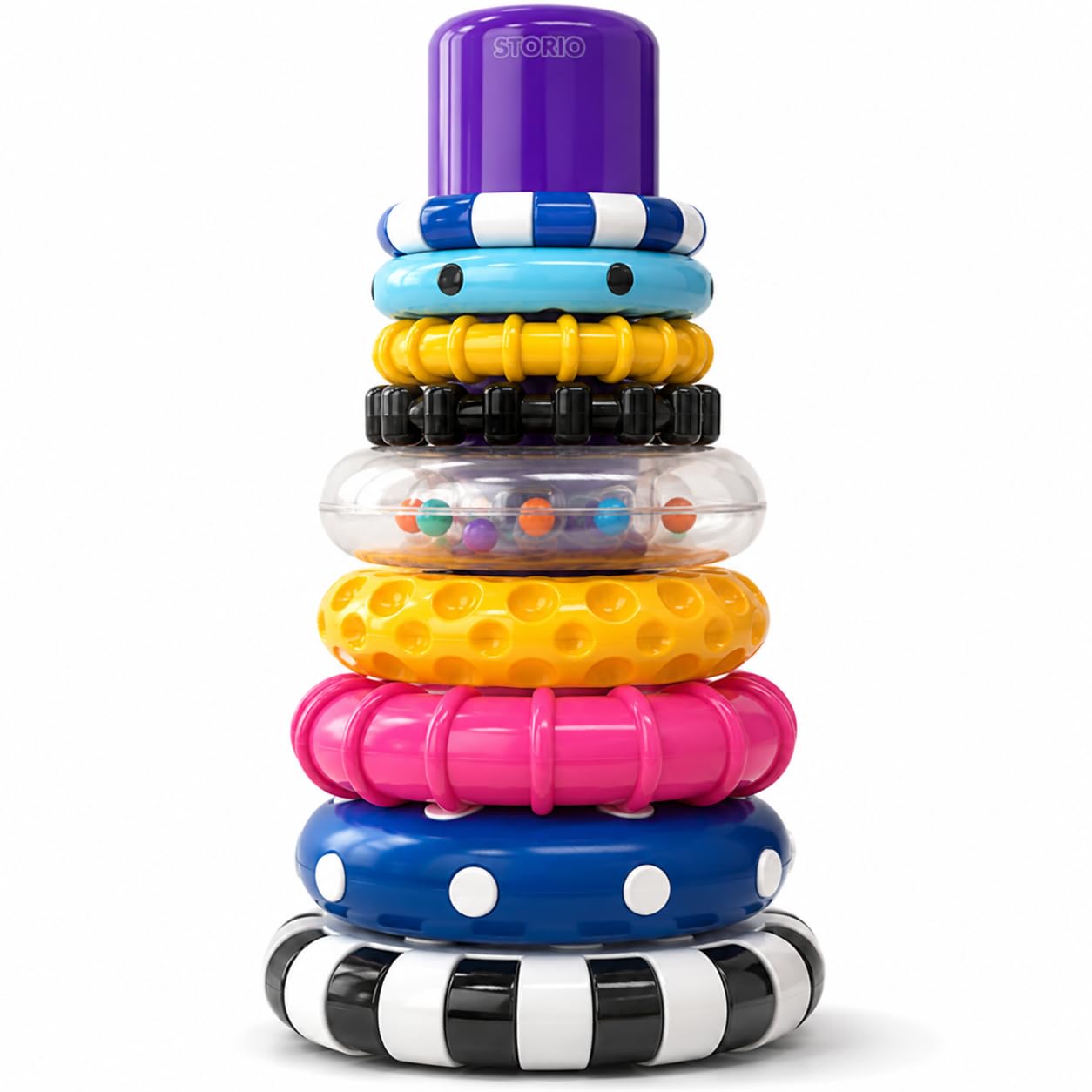 Storio Stacks of Circles Stacking Ring Toy for Babies 6+ Months | 9-Piece Multi-Color STEM Learning | Educational Baby Toy for Fine Motor Skills | Textured Rings with Sound Beads | Montessori Learning-image-9